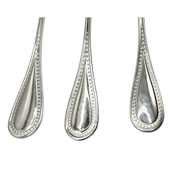 3 Gourmet Settings Serving Set Fork Solid/Slotted Spoon Beaded Glossy Stainless - Picture 2 of 7